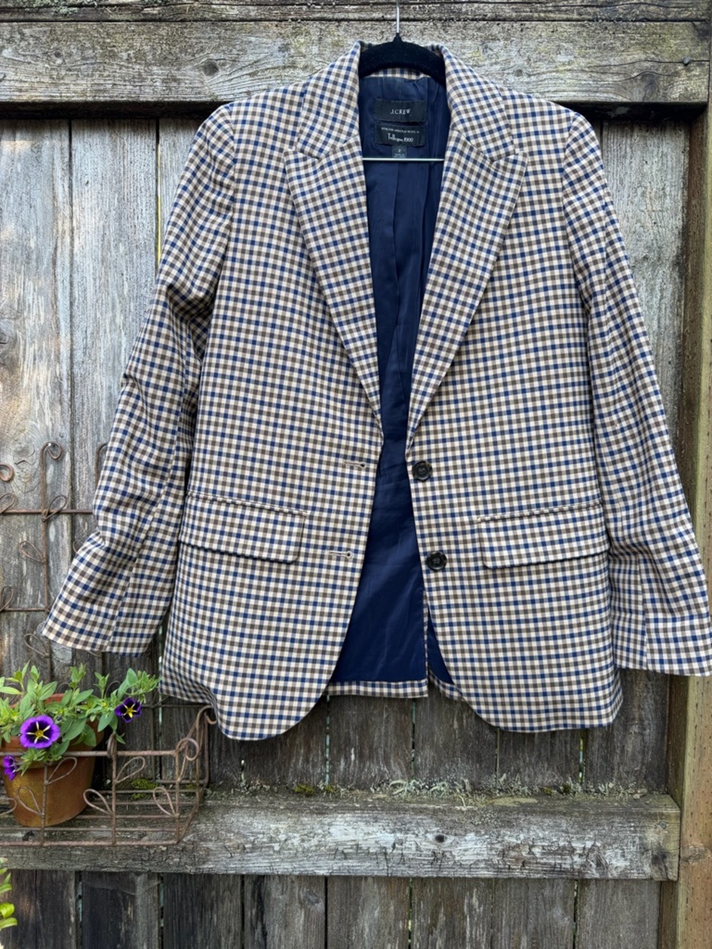 J.Crew Italian Stretch Wool Brown and Black Checkered Blazer